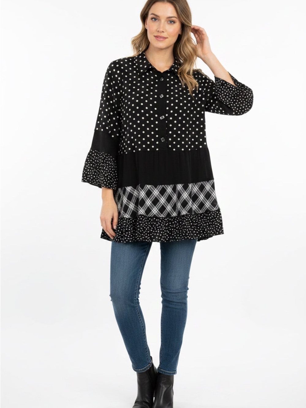 Black Mixed-Print Button-Front Tunic with Polka Dot and Plaid Panels